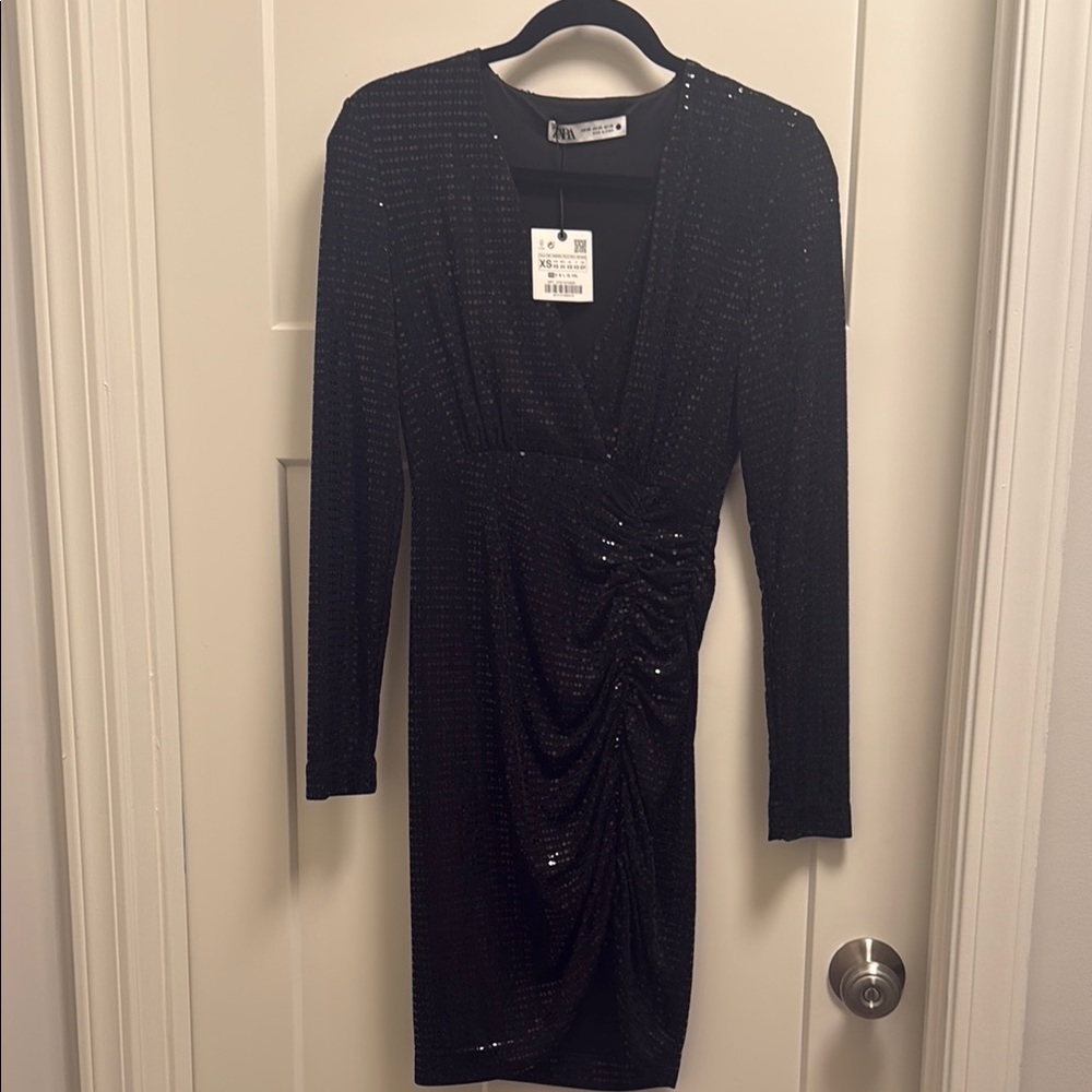 Zara Black Long Sleeve Bodycon Dress Plunge Neckline